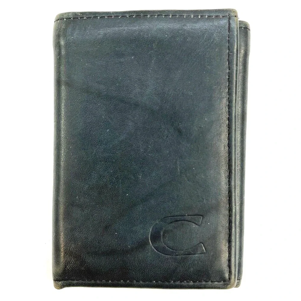 Mens Wallet Black Top Grain Cowhide Trifold Initial Letter 